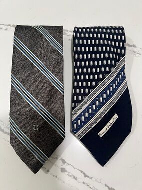 Mario Valentino and Givenchy Monsieur Navy and Gray Patterned Silk Tie Pair